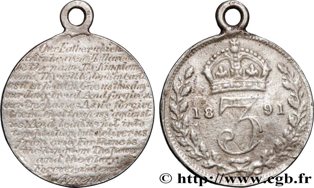 GRANDE BRETAGNE - VICTORIA 3 Pence transformée en médaille religieuse TB+