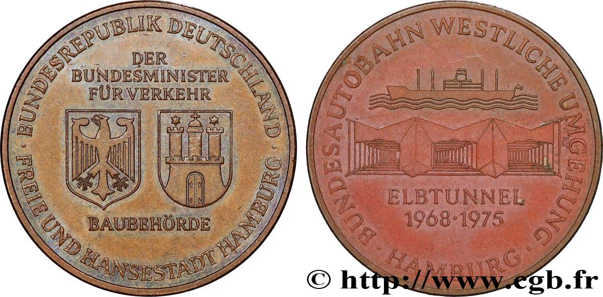 ALLEMAGNE - RÉPUBLIQUE DE WEIMAR Médaille, Ouverture du tunnel de l’Elbe à la circulation automobile XF