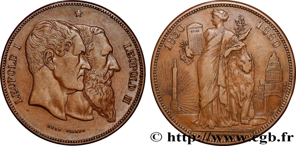 BELGIUM - KINGDOM OF BELGIUM - LEOPOLD II Médaille, Léopold I et Léopold II, Module de 5 Francs (ou 10 centimes) anniversaire de l’indépendance Belge XF