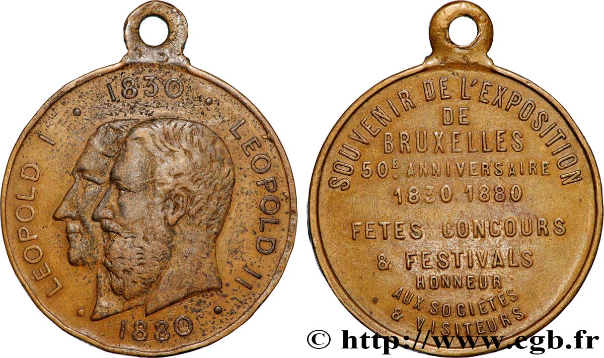 BELGIUM - KINGDOM OF BELGIUM - LEOPOLD II Médaille, 50e anniversaire de l’exposition de Bruxelles VF/XF