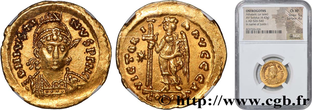 ROYAUME OSTROGOTH - ATHALARIC Solidus à la victoire au nom de Justinien Ier SUP