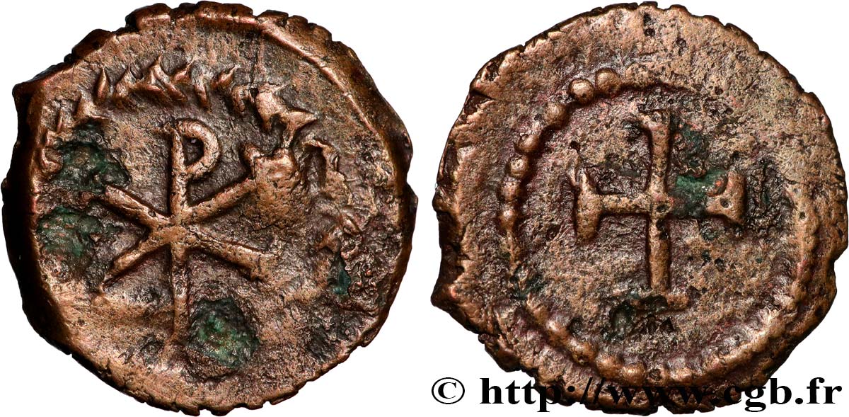 MEROVINGIAN COINS - FRANKISH KINGDOM - CHILDEBERT I Cuivre au chrisme XF