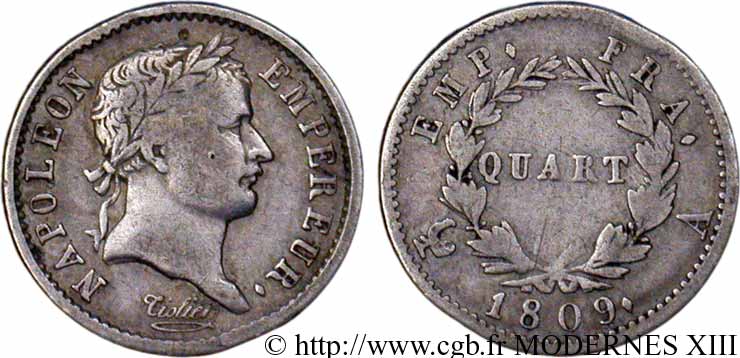 Quart (de franc) Napoléon Ier tête laurée, Empire français 1809 Paris F.162/1 BC35 