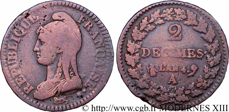 2 décimes Dupré 1796 Paris F.145/1 TB20 