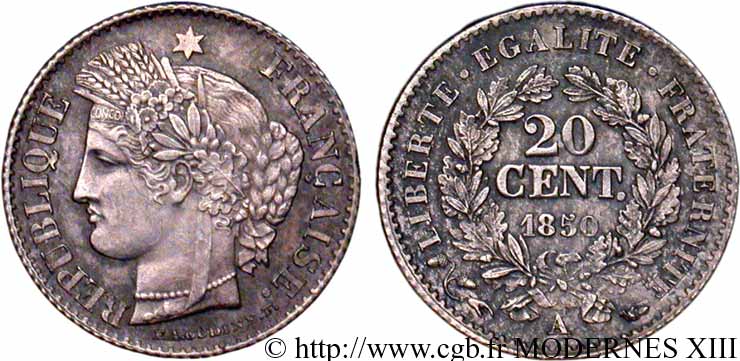 20 centimes Cérès, IIe République 1850 Paris F.146/2 VZ62 