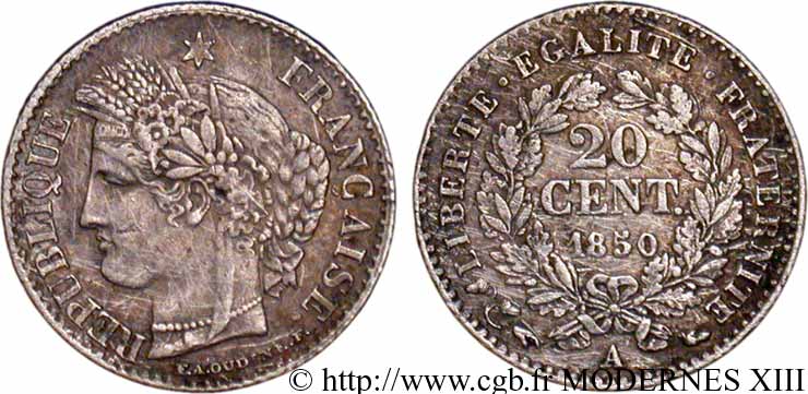 20 centimes Cérès, IIe République 1850 Paris F.146/2 TTB48 
