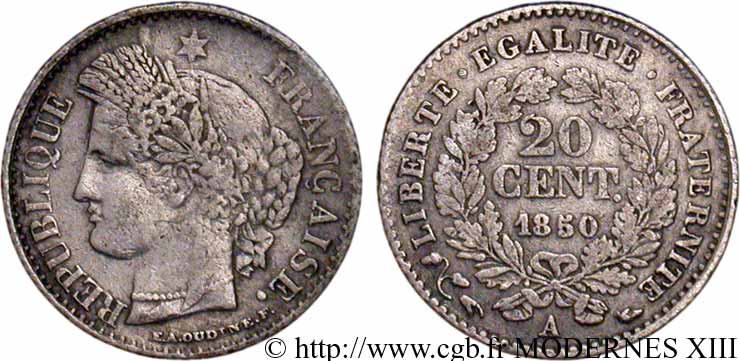 20 centimes Cérès, IIe République 1850 Paris F.146/2 XF40 
