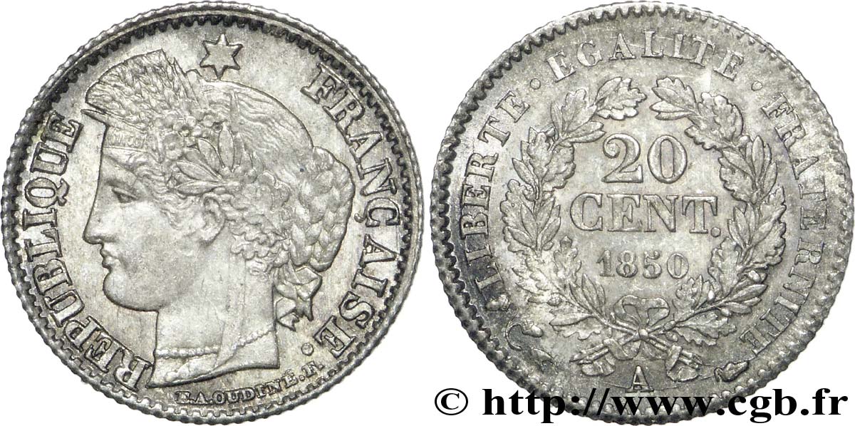 20 centimes Cérès, IIe République 1850 Paris F.146/3 SUP59 