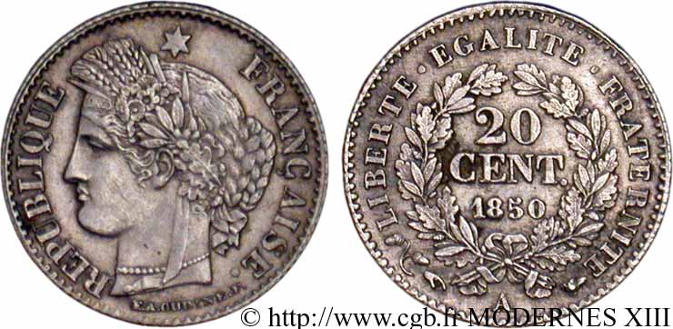 20 centimes Cérès, IIe République 1850 Paris F.146/3 SPL55 