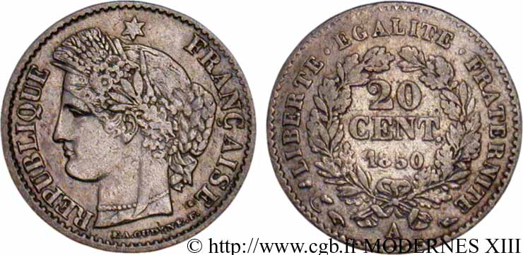 20 centimes Cérès, IIe République 1850 Paris F.146/3 SS40 