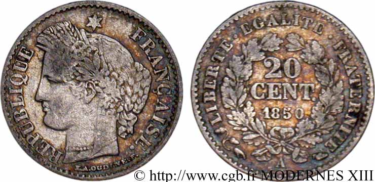 20 centimes Cérès, IIe République 1850 Paris F.146/3 VF35 