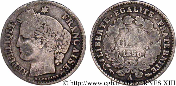 20 centimes Cérès, IIe République 1850 Paris F.146/3 VF20 