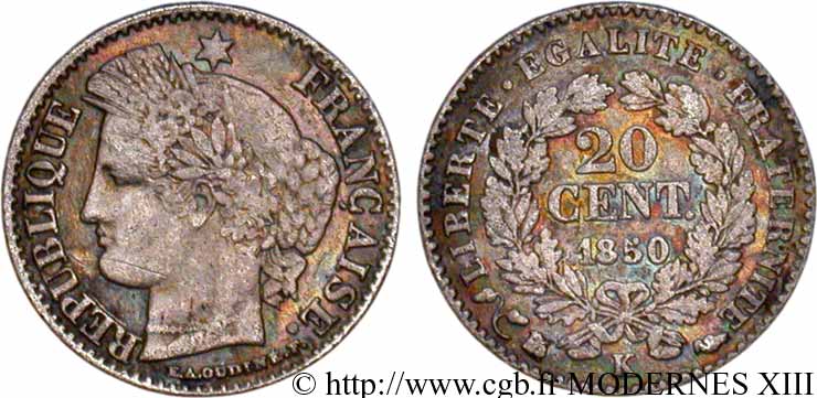 20 centimes Cérès, IIe République 1850 Bordeaux F.146/5 XF40 