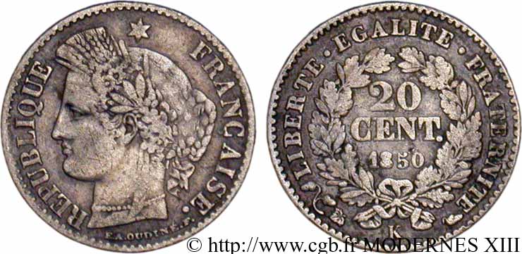 20 centimes Cérès, IIe République 1850 Bordeaux F.146/5 BC25 