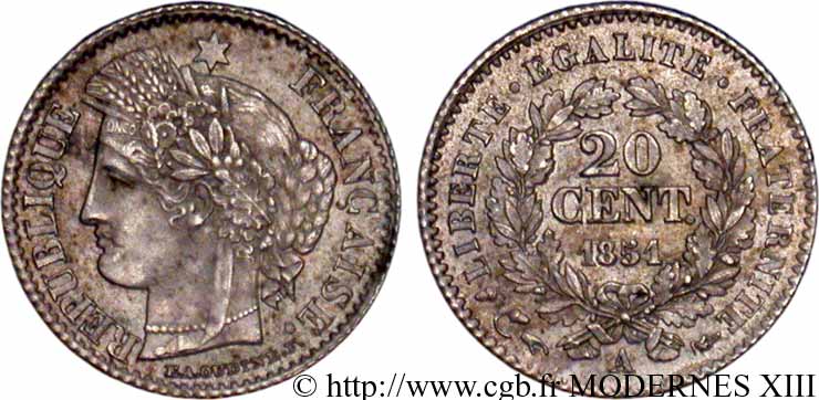 20 centimes Cérès, IIe République 1851 Paris F.146/7 VZ60 