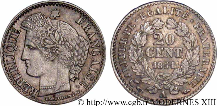 20 centimes Cérès, IIe République 1851 Paris F.146/7 SUP55 