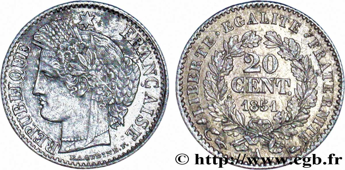 20 centimes Cérès, IIe République 1851 Paris F.146/7 MBC48 