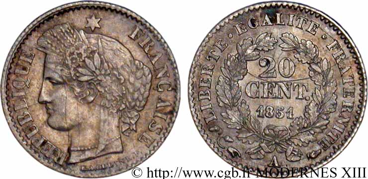 20 centimes Cérès, IIe République 1851 Paris F.146/7 XF40 