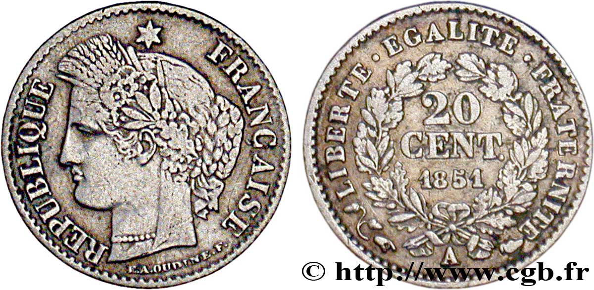 20 centimes Cérès, IIe République 1851 Paris F.146/7 TB35 