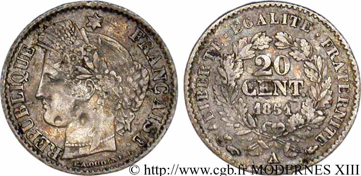 20 centimes Cérès, IIe République 1851 Paris F.146/7 TB15 