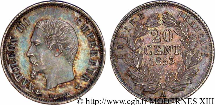 20 centimes Napoléon III, tête nue 1853 Paris F.148/1 VZ62 