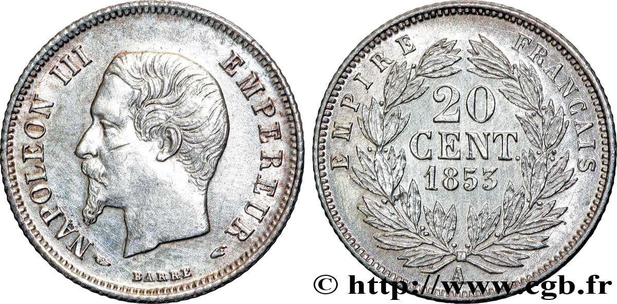 20 centimes Napoléon III, tête nue 1853 Paris F.148/1 VZ55 