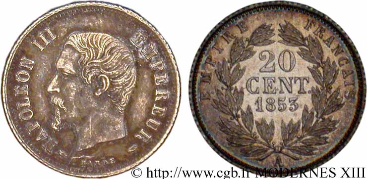 20 centimes Napoléon III, tête nue 1853 Paris F.148/1 MBC54 