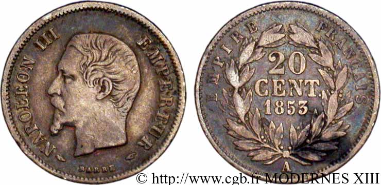 20 centimes Napoléon III, tête nue 1853 Paris F.148/1 TB30 