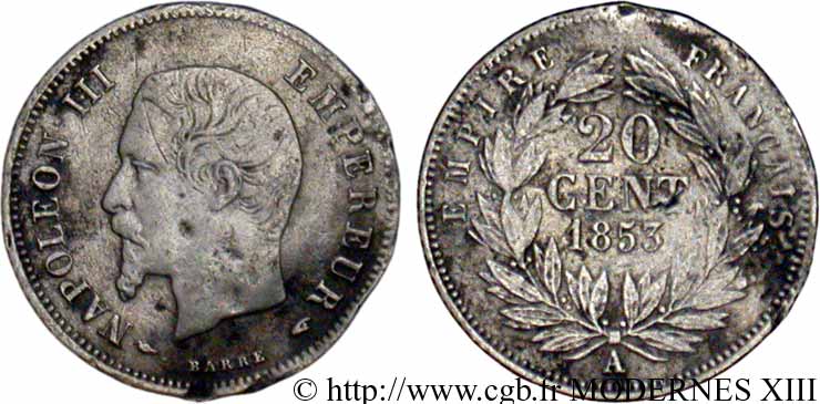 20 centimes Napoléon III, tête nue 1853 Paris F.148/1 RC12 