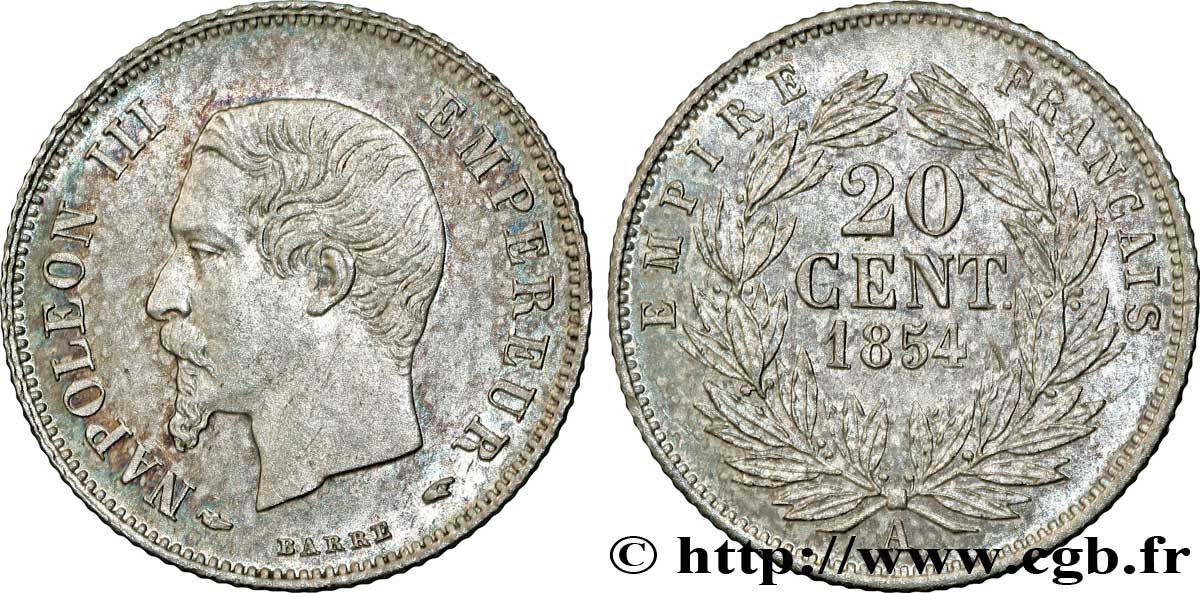 20 centimes Napoléon III, tête nue 1854 Paris F.148/2 VZ60 