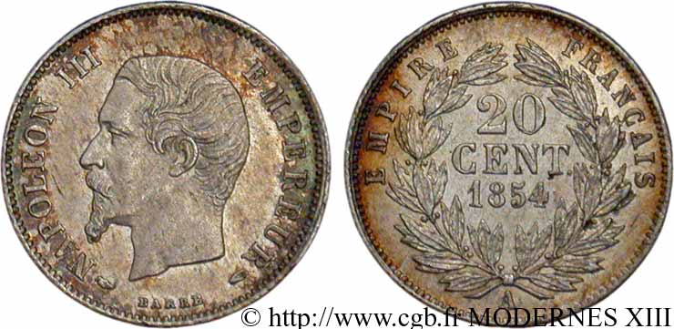 20 centimes Napoléon III, tête nue 1854 Paris F.148/2 VZ58 