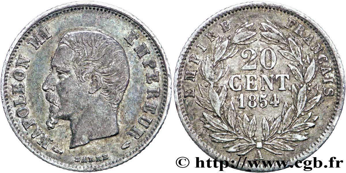 20 centimes Napoléon III, tête nue 1854 Paris F.148/2 XF48 
