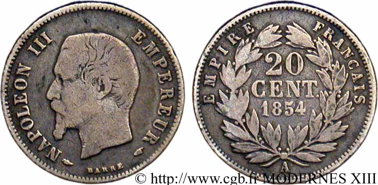 20 centimes Napoléon III, tête nue 1854 Paris F.148/2 F15 