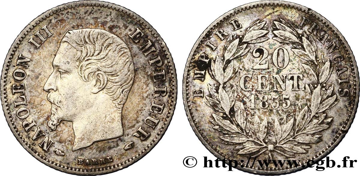 20 centimes Napoléon III, tête nue 1855 Paris F.148/3 TB30 
