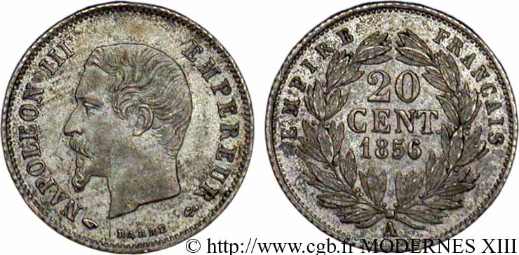 20 centimes Napoléon III, tête nue 1856 Paris F.148/4 VZ55 