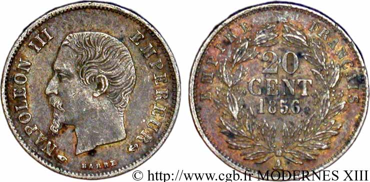 20 centimes Napoléon III, tête nue 1856 Paris F.148/4 BB45 