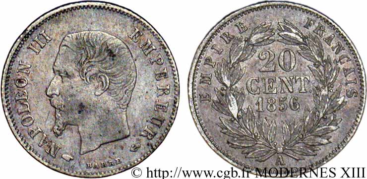 20 centimes Napoléon III, tête nue 1856 Paris F.148/4 TB35 