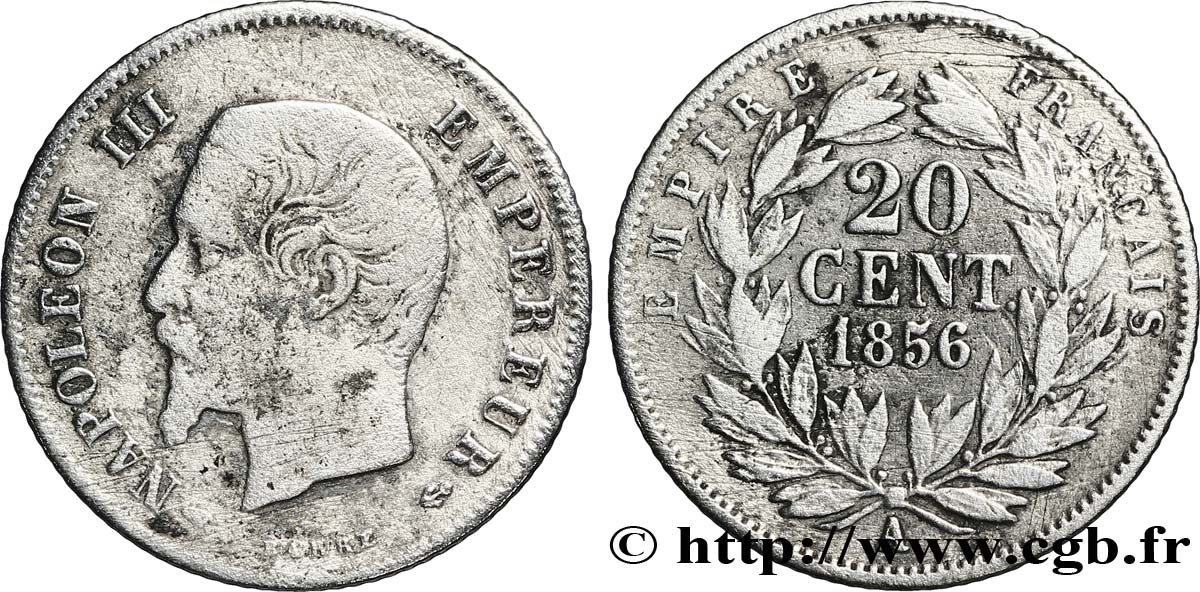 20 centimes Napoléon III, tête nue 1856 Paris F.148/4 MB20 