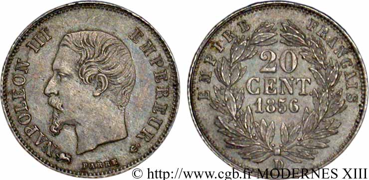 20 centimes Napoléon III, tête nue 1856 Lyon F.148/6 TTB48 