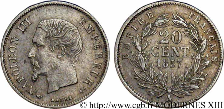 20 centimes Napoléon III, tête nue 1857 Paris F.148/7 XF42 