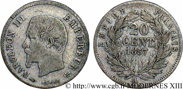 20 centimes Napoléon III, tête nue 1857 Paris F.148/9 VF20 