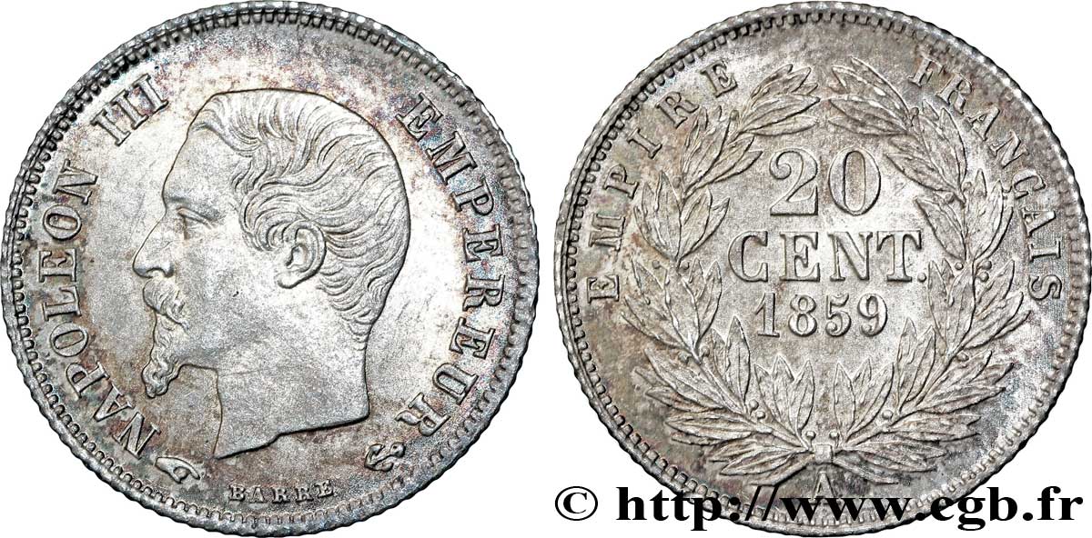 20 centimes Napoléon III, tête nue 1859 Paris F.148/12 VZ61 