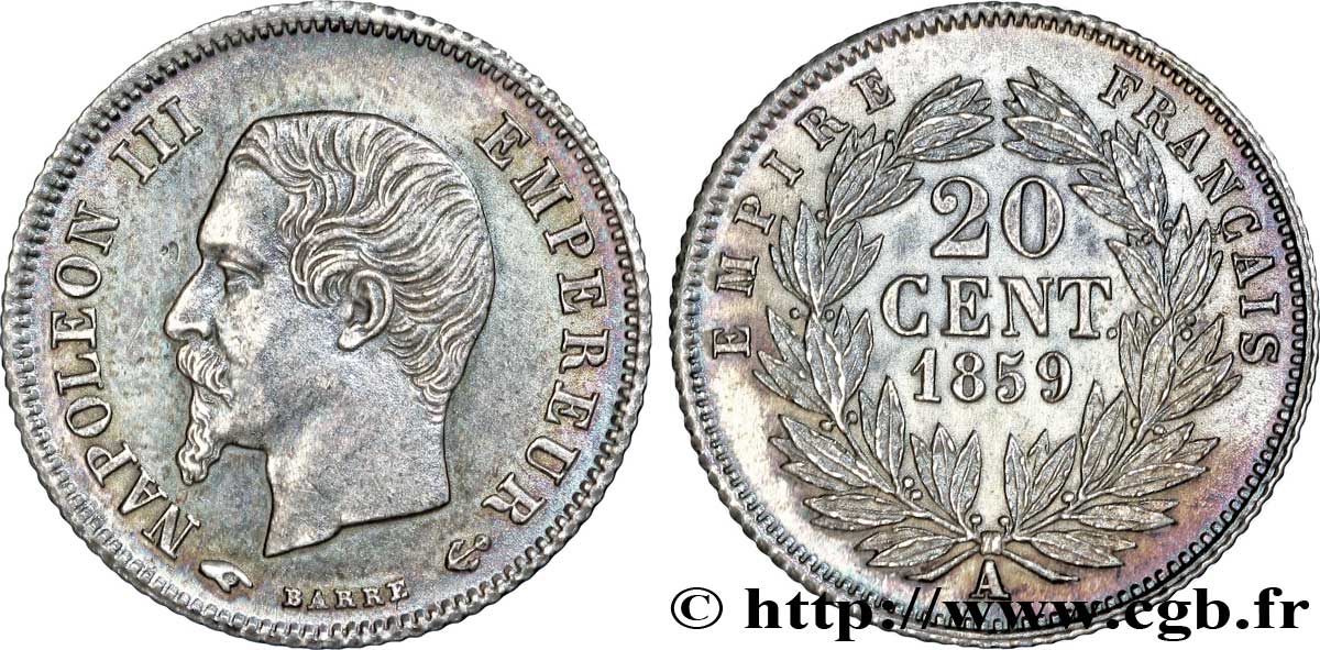 20 centimes Napoléon III, tête nue 1859 Paris F.148/12 VZ55 