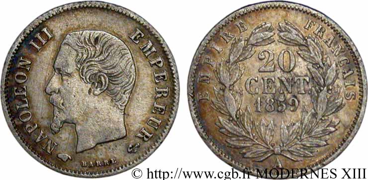 20 centimes Napoléon III, tête nue 1859 Paris F.148/12 TTB48 