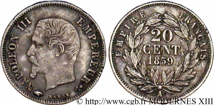 20 centimes Napoléon III, tête nue 1859 Paris F.148/12 XF40 