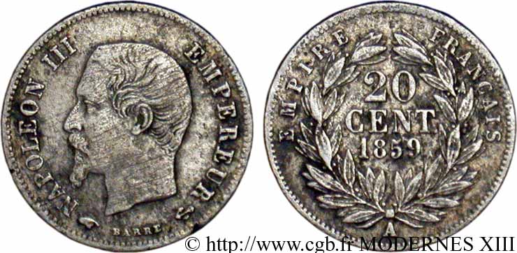 20 centimes Napoléon III, tête nue 1859 Paris F.148/12 TB30 