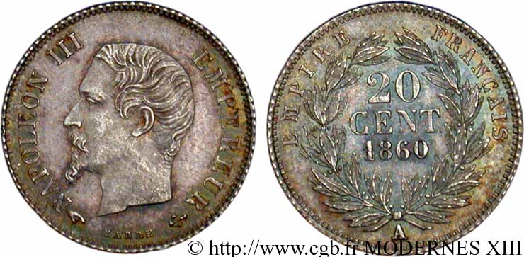 20 centimes Napoléon III, tête nue 1860 Paris F.148/14 MS62 