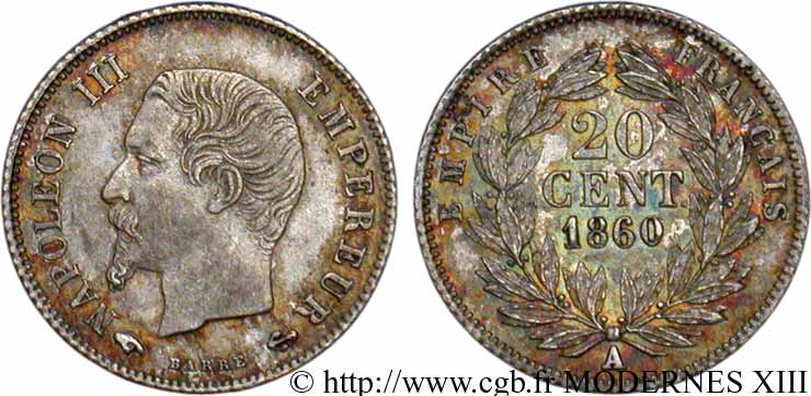 20 centimes Napoléon III, tête nue 1860 Paris F.148/14 EBC59 
