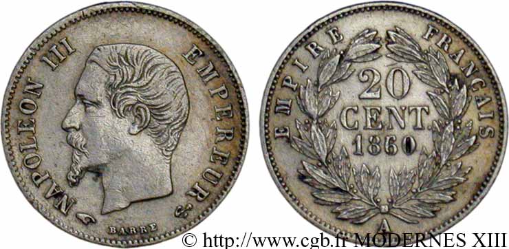 20 centimes Napoléon III, tête nue 1860 Paris F.148/14 VZ55 