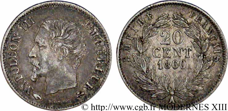 20 centimes Napoléon III, tête nue 1860 Paris F.148/14 TTB40 